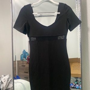 Black Sheer Detail Short Sleeve Bodycon Dress | Size Small